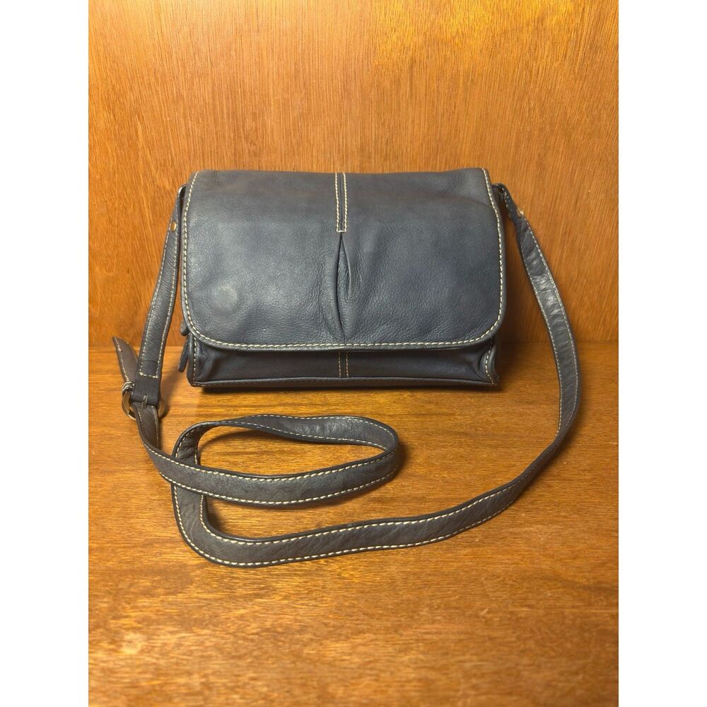 Dusty Blue Leather Flap Crossbody Bag Soft Pebbled Adjustable Strap